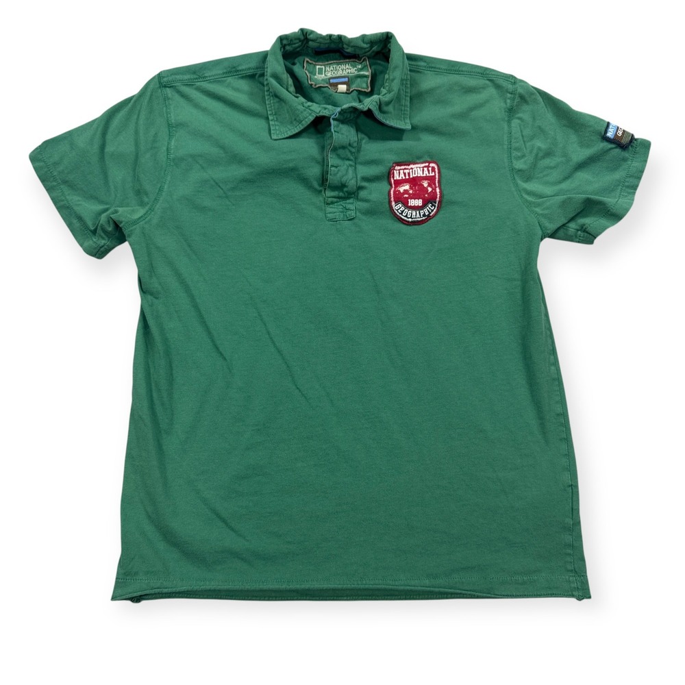 National Geographic Polo Shirt Men's Large Green Graphic Short Sleeve Nature Y2K